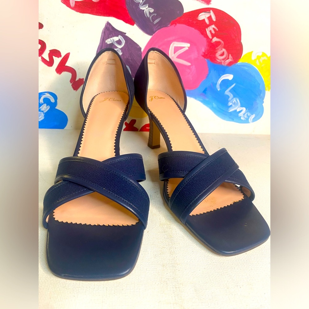 J Crew Navy Cross Strap Canvas And Leather Trim Open Toe Sandals Size 12